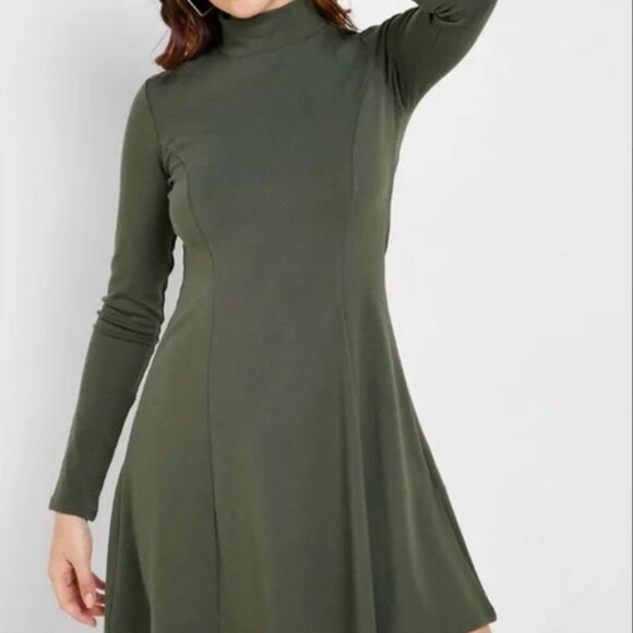 Forever 21 Womens Dress SZ L Olive Grn Lng Slv Mock Nck Skater drk academia prep - Picture 2 of 8